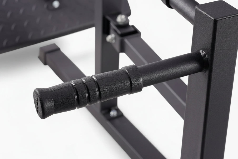Close-up of a black metal pull-up bar on a white background