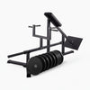 Black t row bar machine with weight plate on a white background