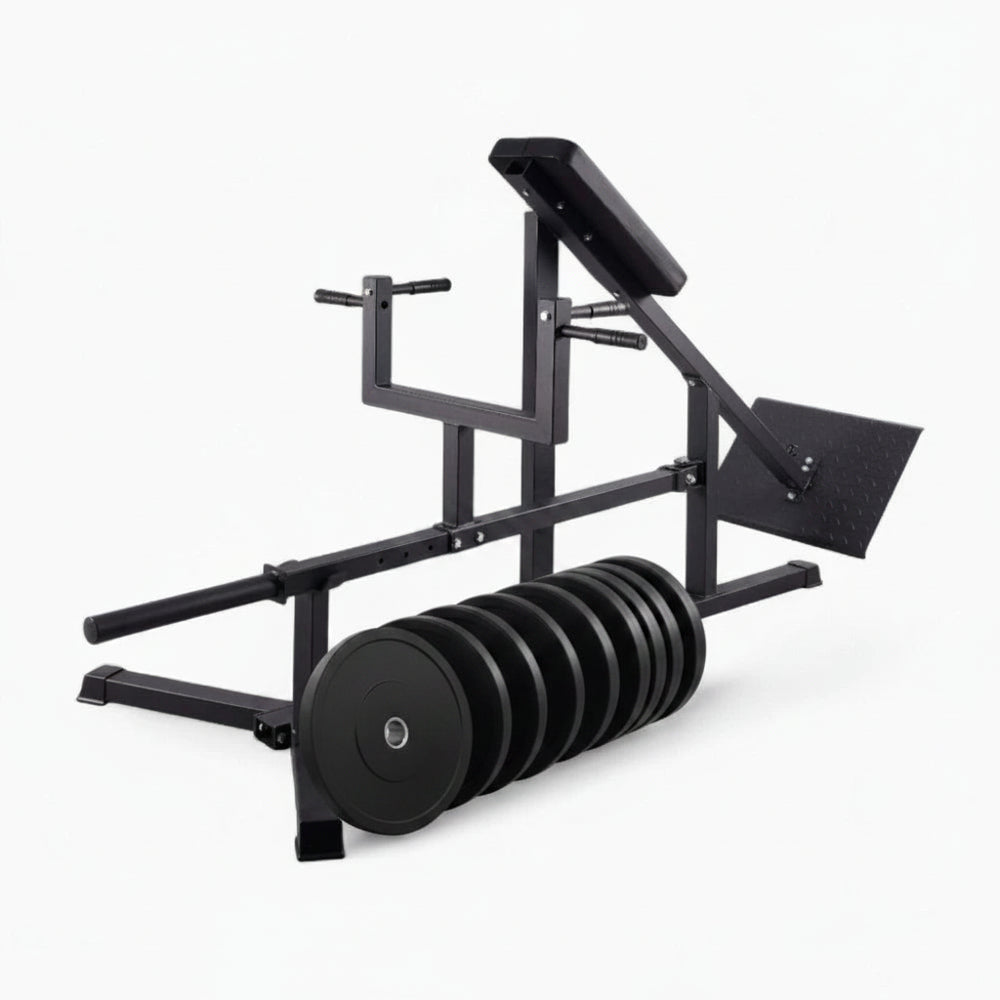 Black t row bar machine with weight plate on a white background