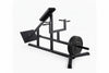 Black weightlifting machine with weight plates on a white background