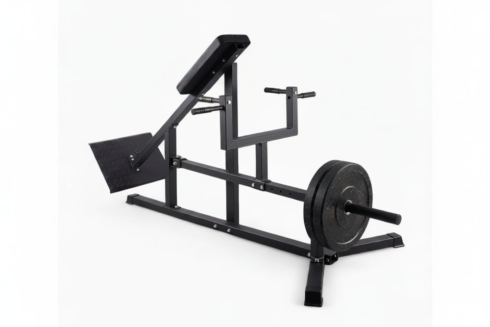 Black weightlifting machine with weight plates on a white background