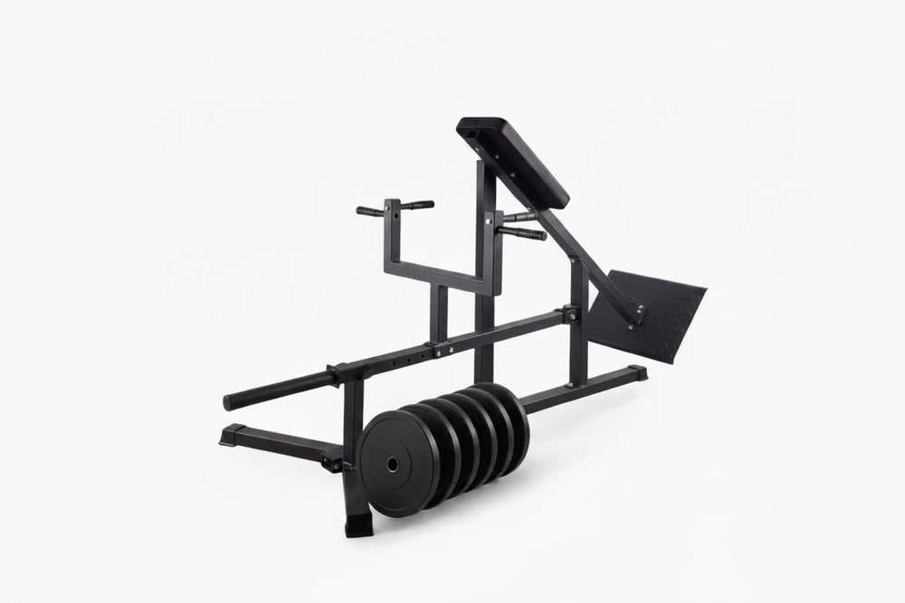 Black t row bar machine with weight plate on a white background
