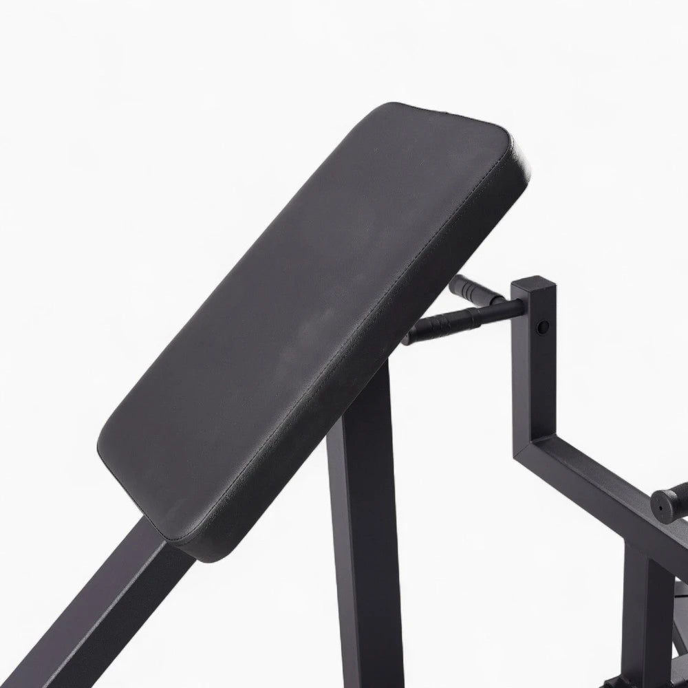 Black weight bench on a white background