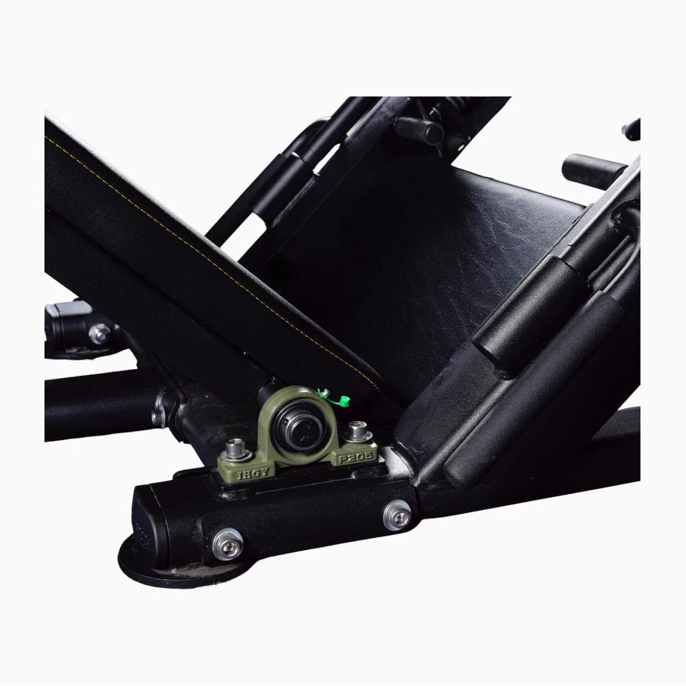 Close-up of a mechanical component of leg press on a white background