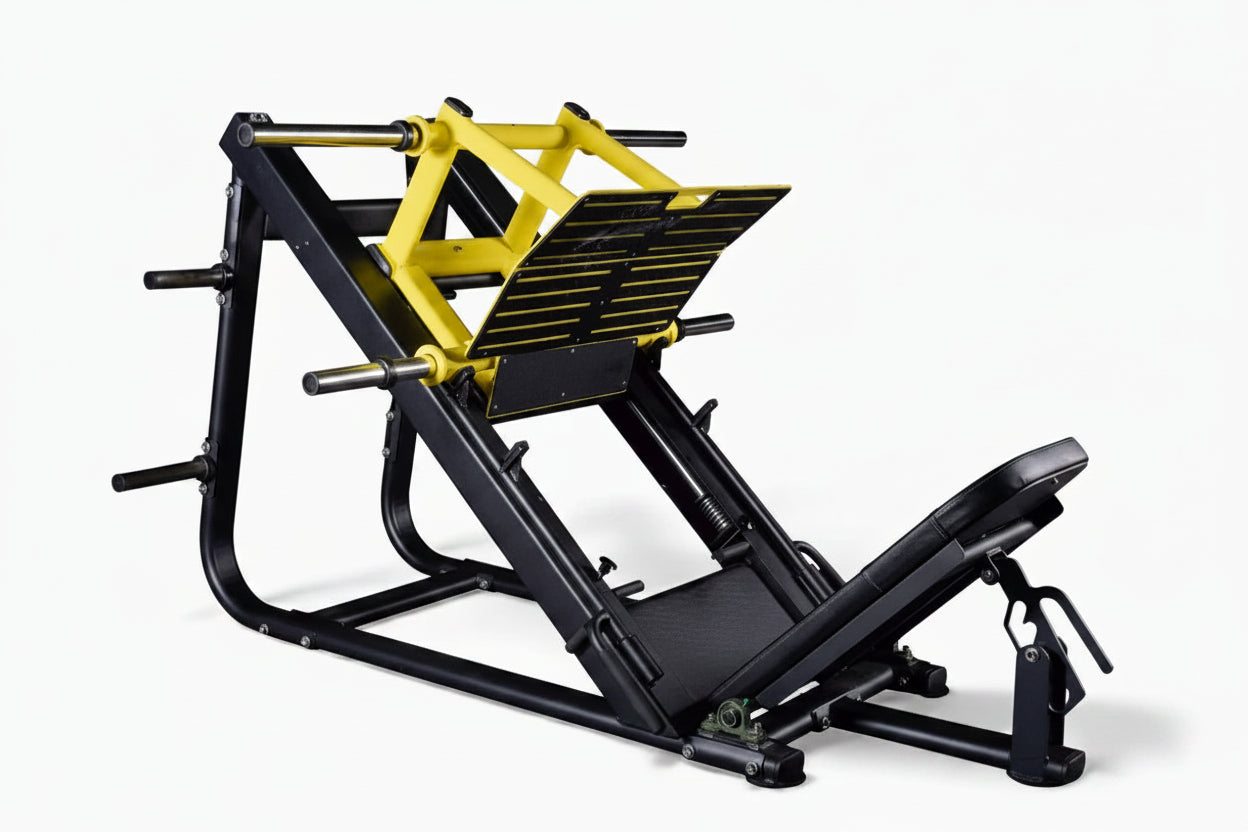 Black and yellow high performance commercial leg press machine on a white background Main image
