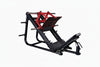 Black and red leg press machine on a white background