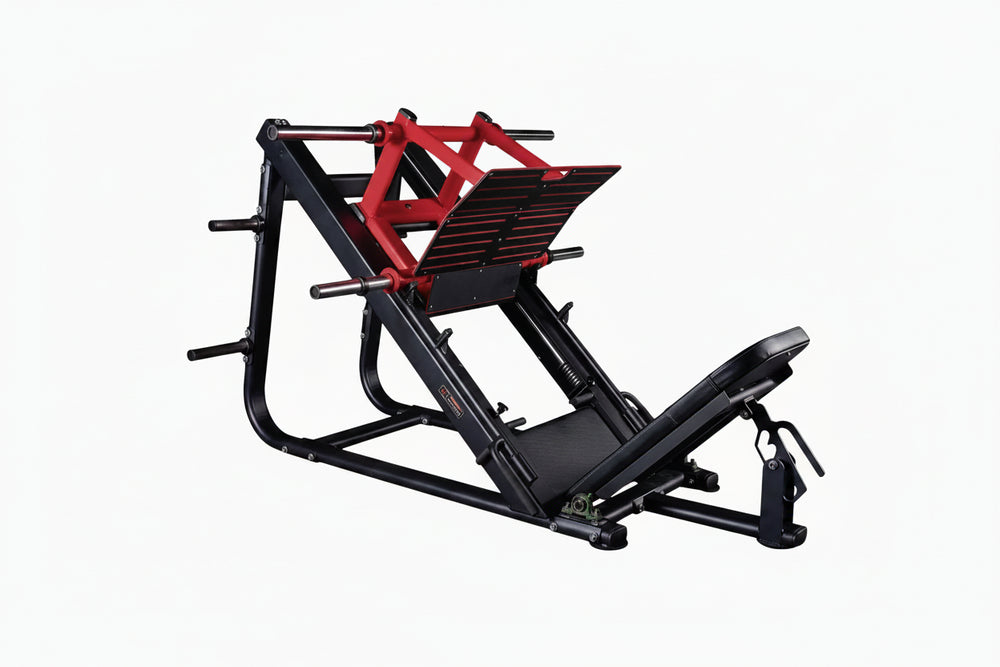 Black and red leg press machine on a white background