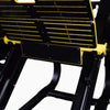 Close-up of a black and yellow mechanical component on a white background