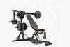 Black weightlifting chest press with weight plates on a white background
