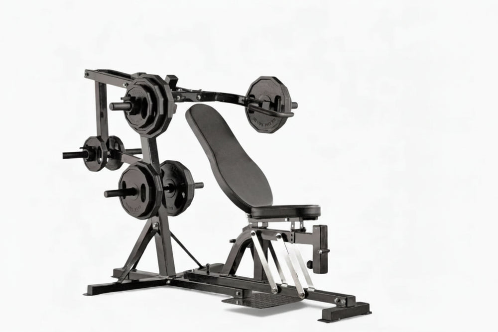 Black weightlifting chest press with weight plates on a white background