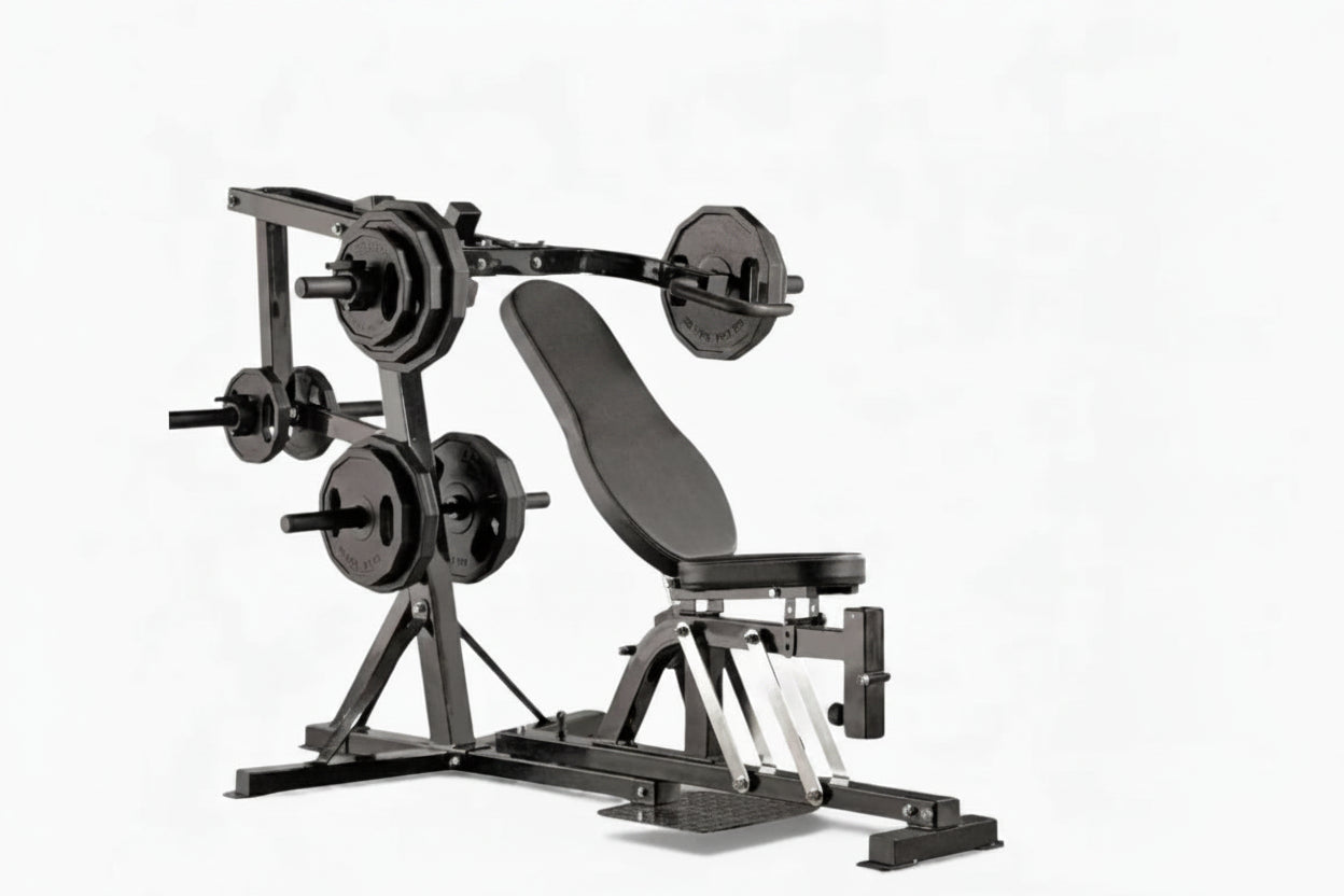 Black weightlifting chest press with weight plates on a white background Main image