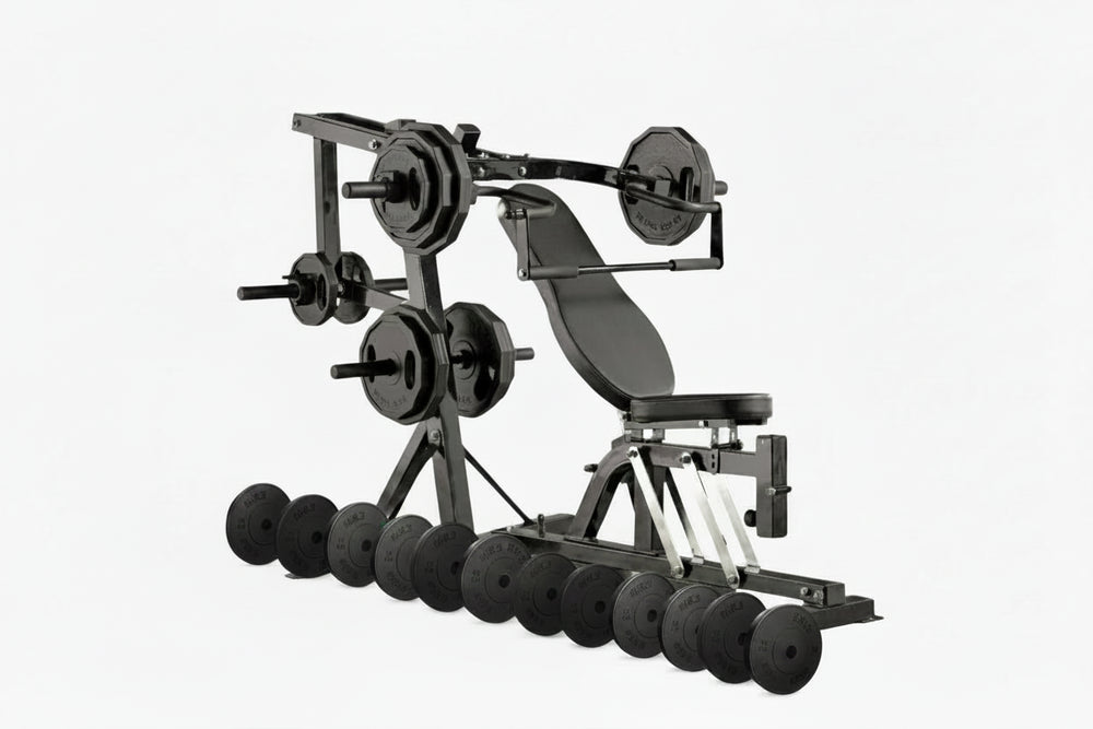 Gym chest press multi gym with weight plates on a white background