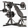 Gym chest press with weight plates on a white background