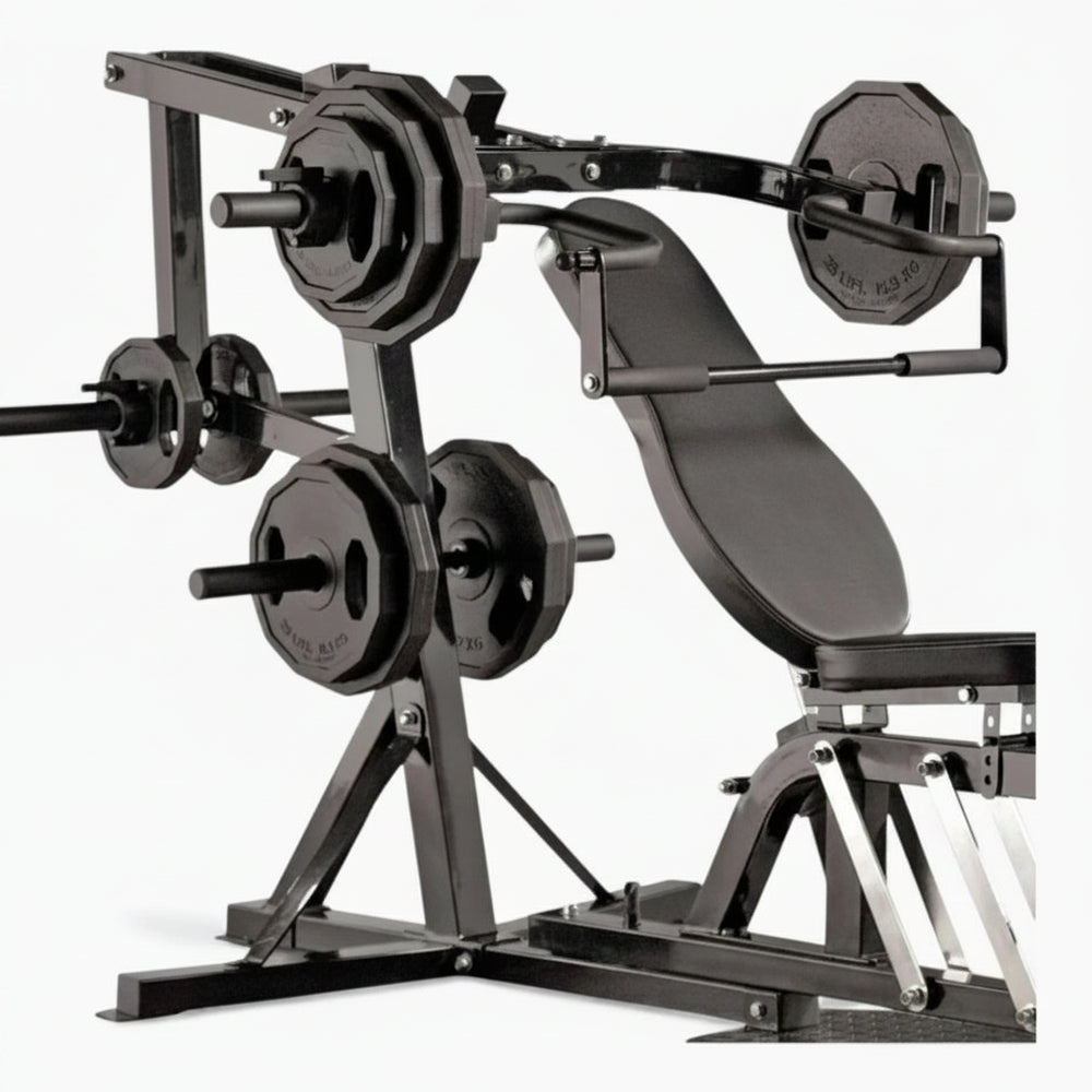 Gym chest press with weight plates on a white background