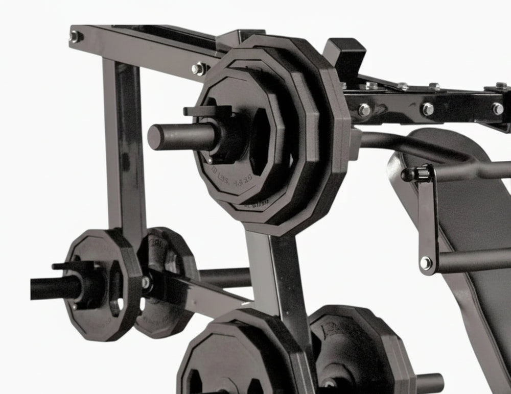Close-up of a multi purpose chest press gym weight machine on a white background