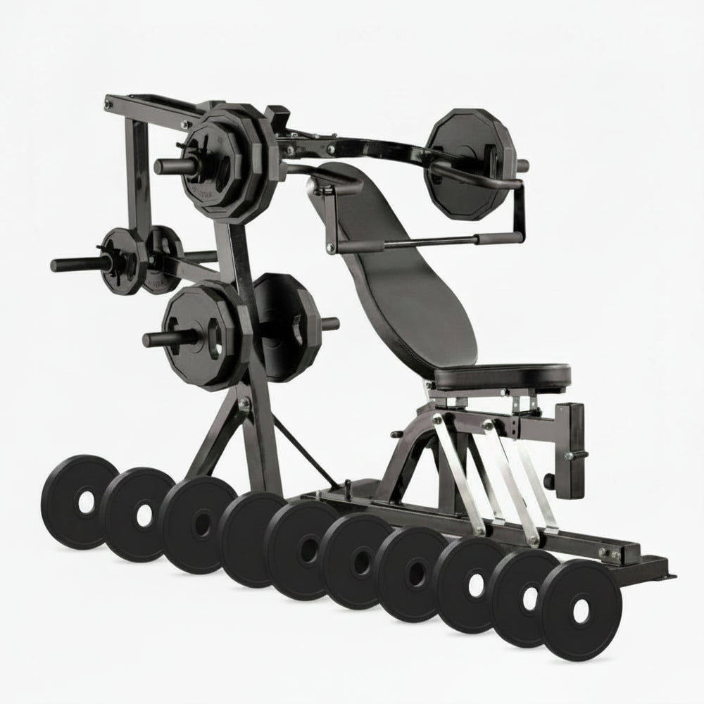 Multi gym chest press with weight plates on a white background