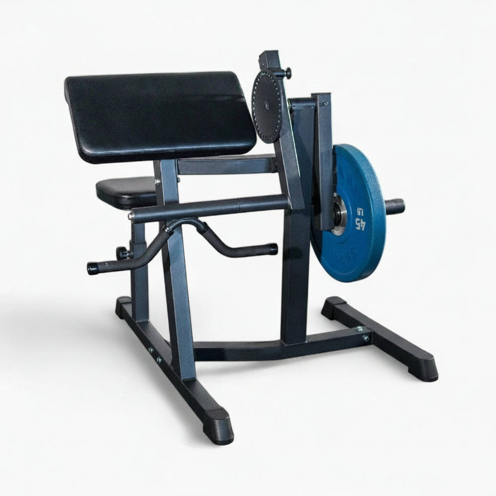 Black preacher curl machine with blue weight plate on a white background