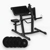 Black gym preacher curl machine with weight plates on a white background