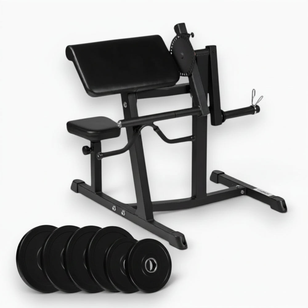 Black gym preacher curl machine with weight plates on a white background