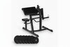 Black gym preacher curl machine with weight plates on a white background
