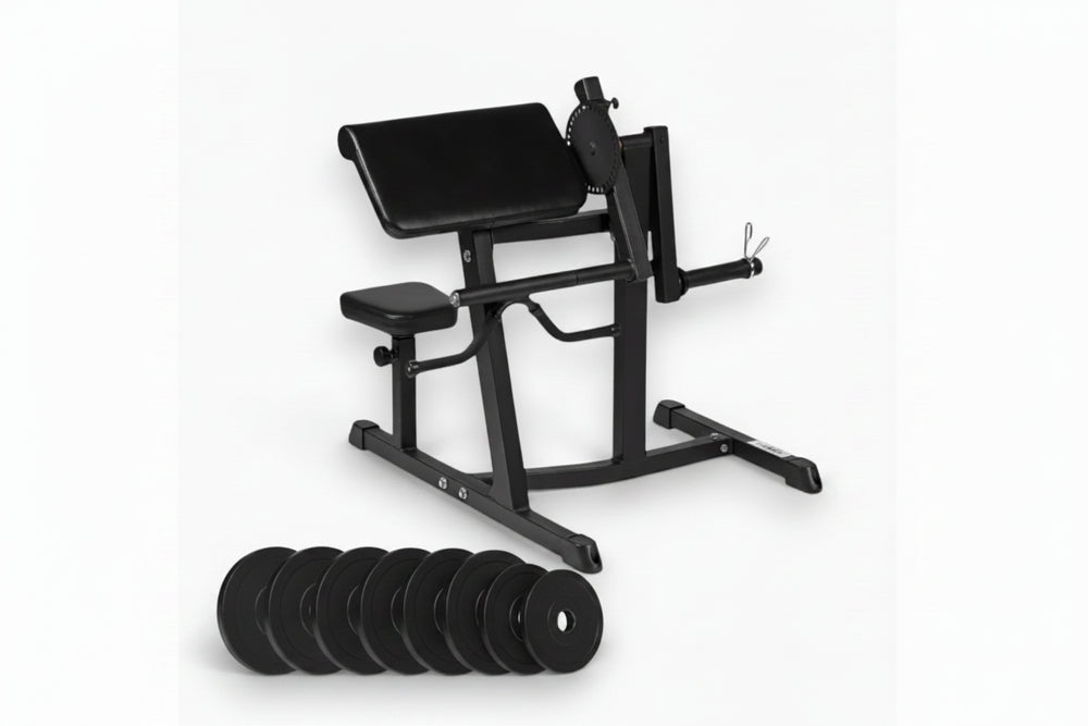 Black gym preacher curl machine with weight plates on a white background