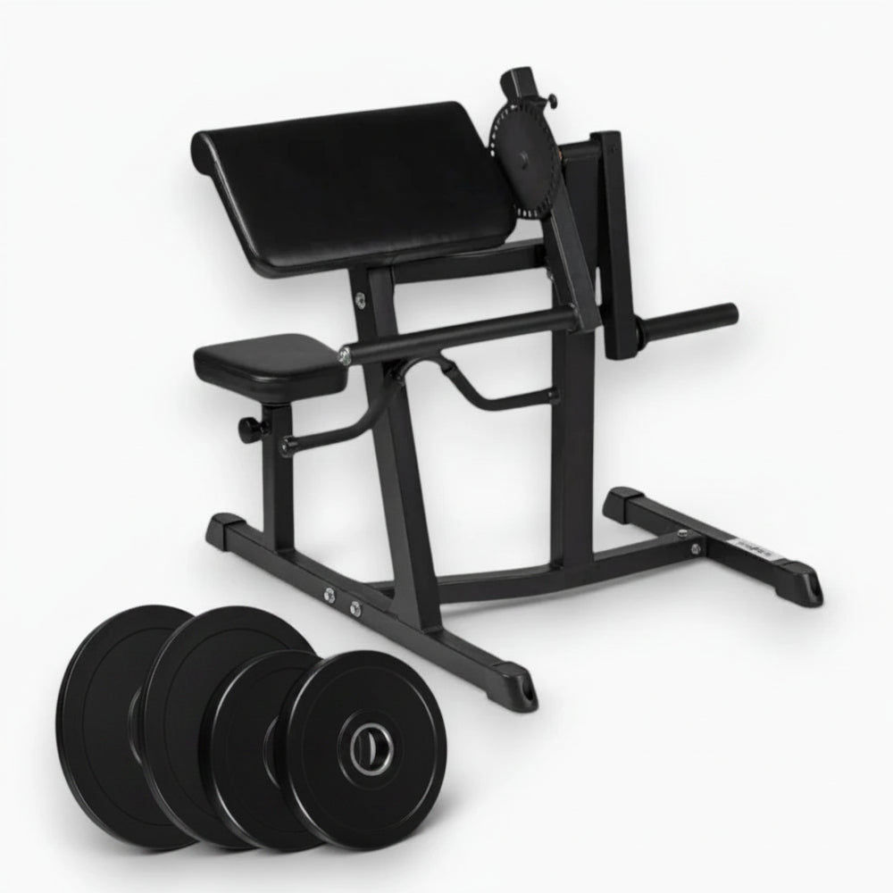 Preacher curl machine with weights on a white background