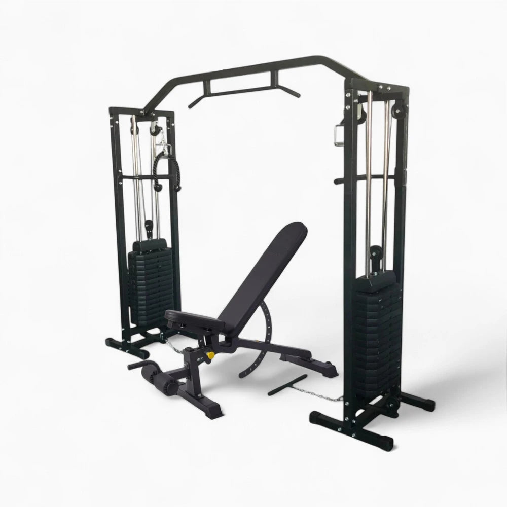 Black fitness equipment with weight bench on a white background
