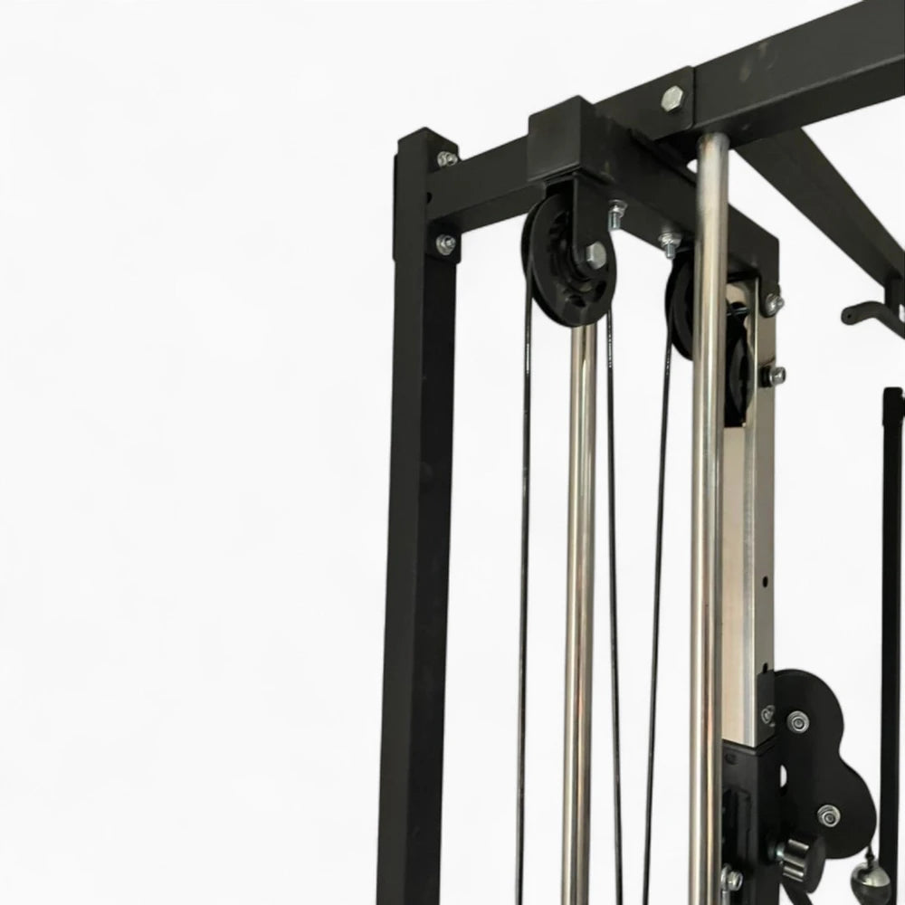 Gym machine with pulleys and cables on a white background
