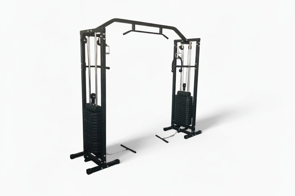 Black cable machine gym equipment on a white background