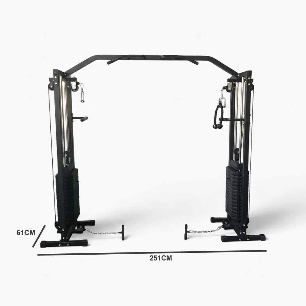 Gym equipment frame with dimensions on a white background