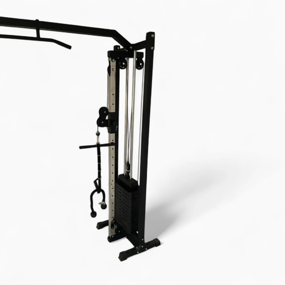 Black cable machine gym equipment on a white background