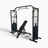 Black fitness equipment with multiple attachments on a white background
