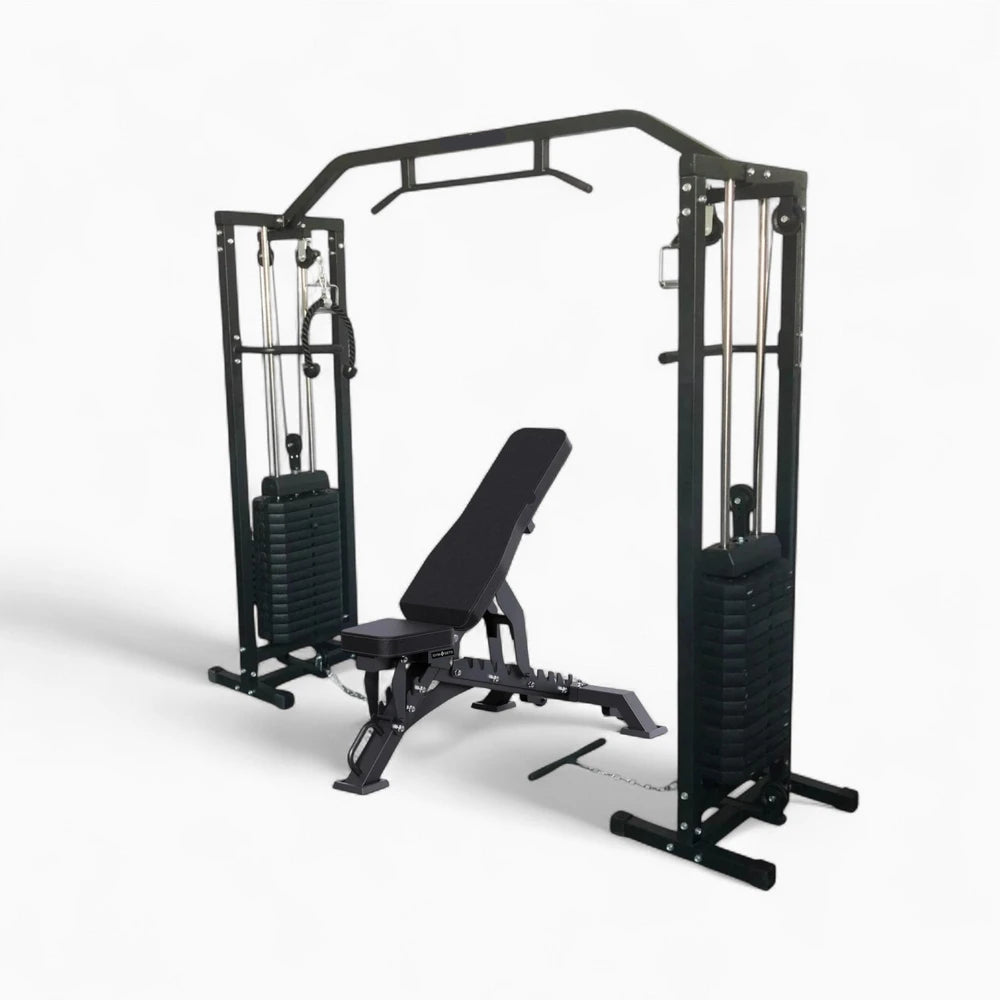 Black fitness equipment with multiple attachments on a white background