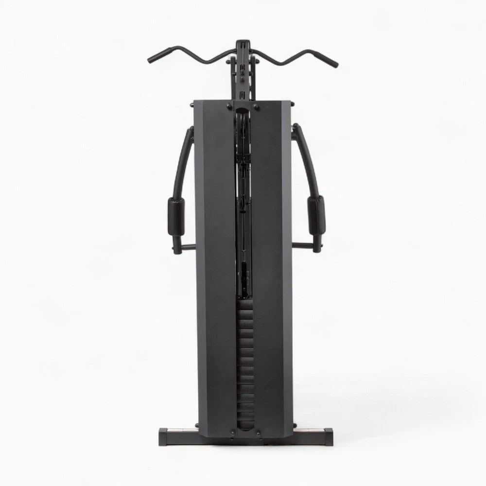 Black cable machine gym equipment on a white background