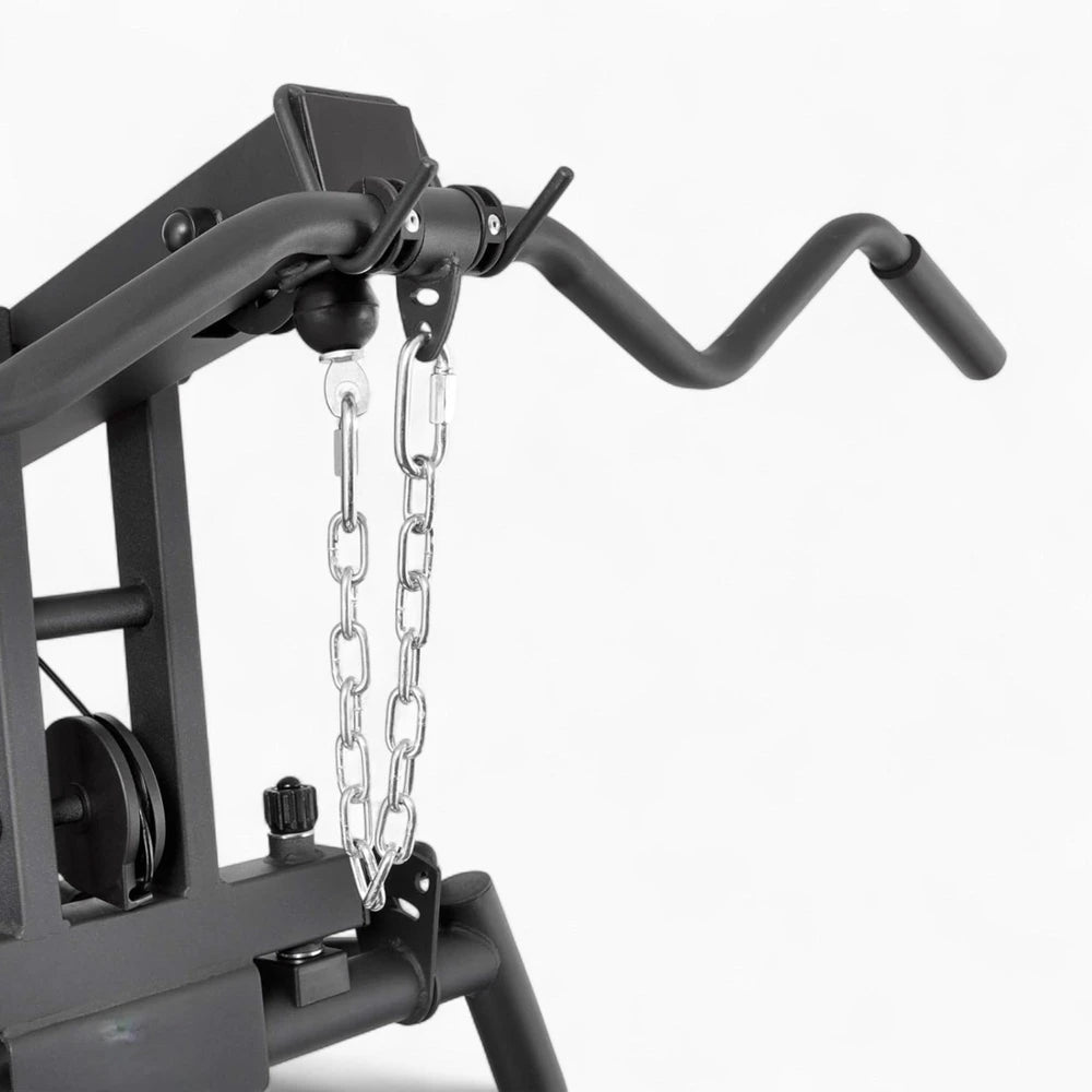Close-up of a black exercise machine with a chain on a white background