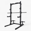 Black frame weights rack on a commercial all in one smiths machine