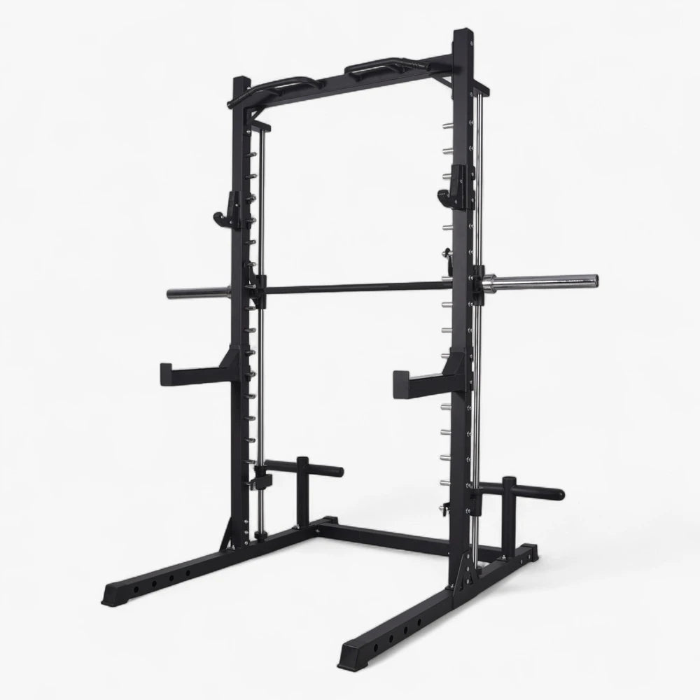 Black frame weights rack on a commercial all in one smiths machine