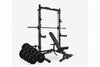 Smith machine with barbell rack, weights bench and ten weight plates