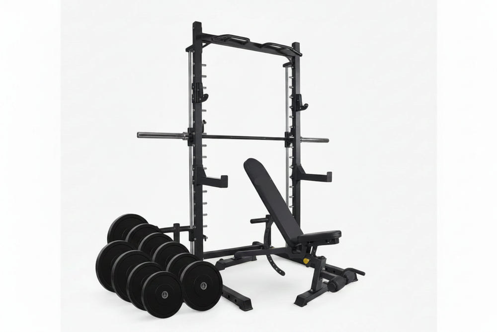 Smith machine with barbell rack, weights bench and ten weight plates