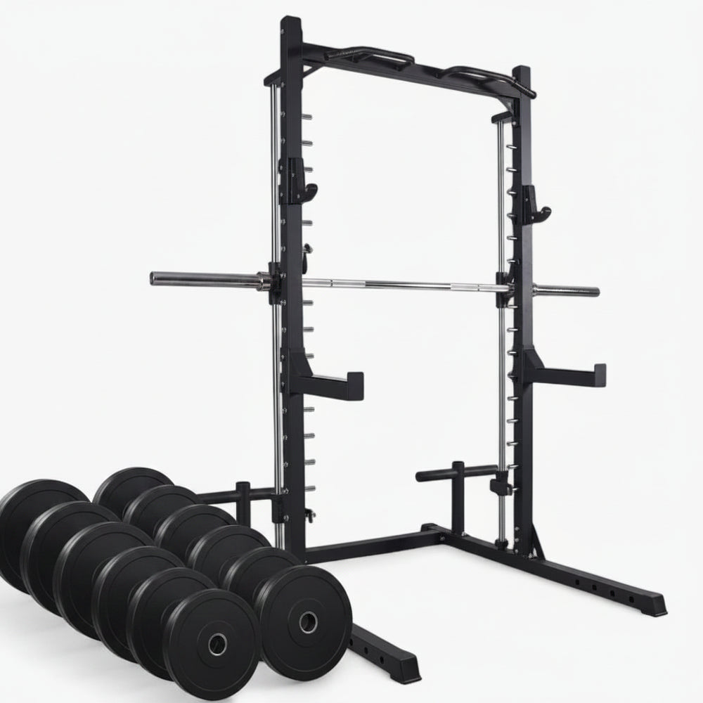 Smith machine with rack combo for weight lifting and strength training