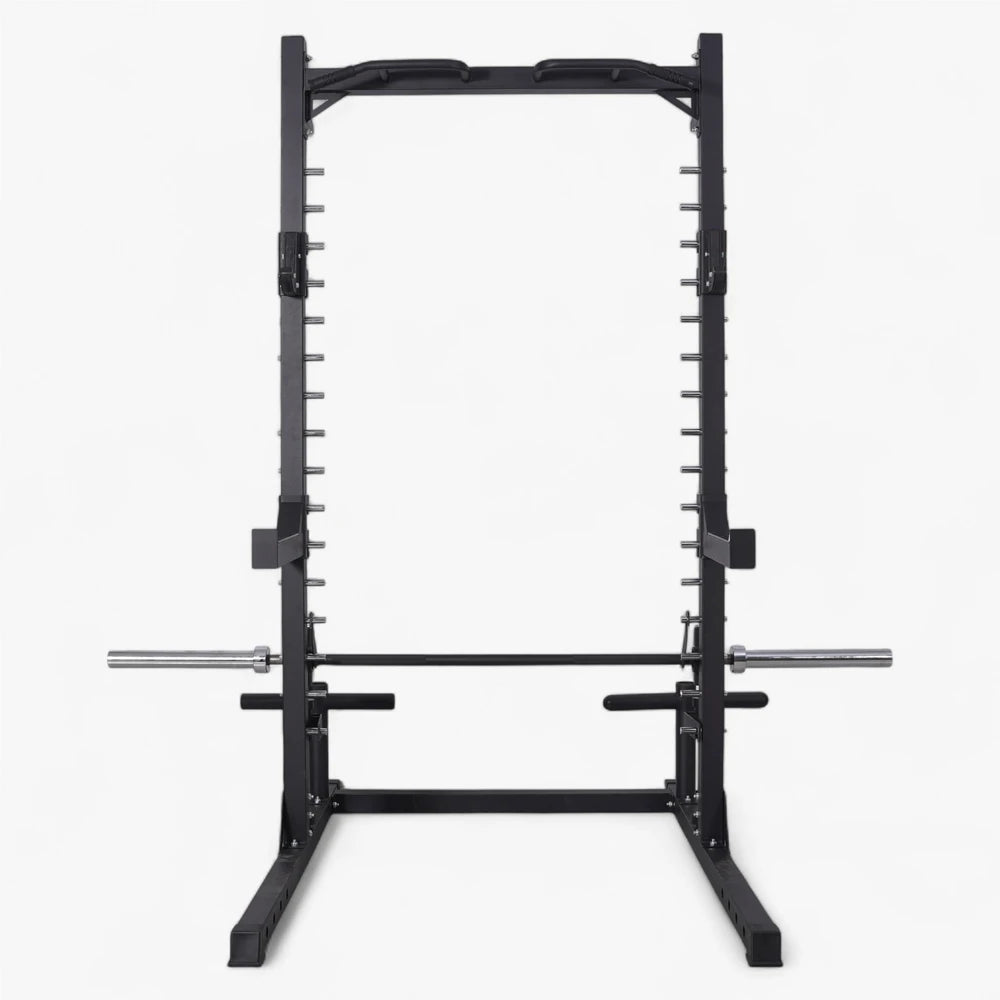 Commercial smith machine with adjustable height rack placement