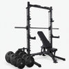 Black steel smith machine for commercial gym with black weights bench and set of eight weight plates