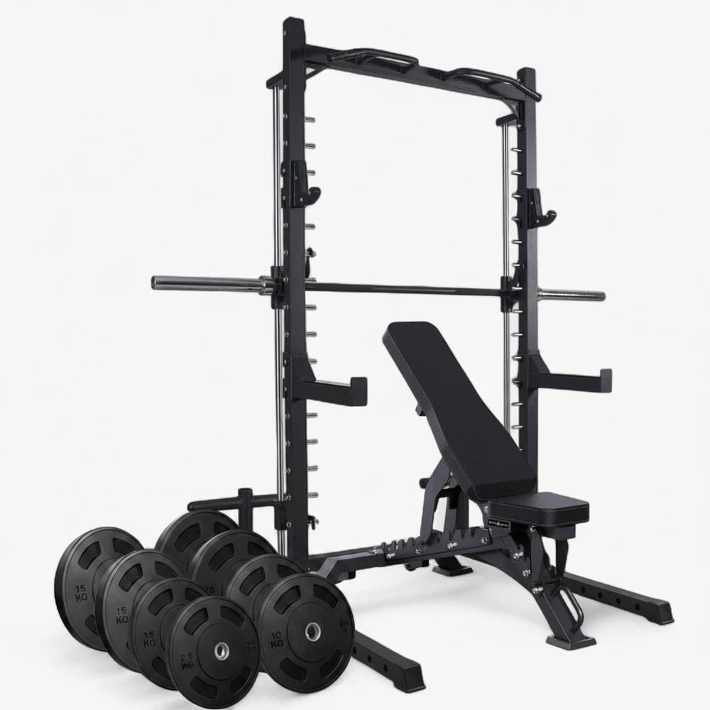 Black steel smith machine for commercial gym with black weights bench and set of eight weight plates