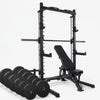 Commercial smith machine with gym bench and set of twelve weight plates