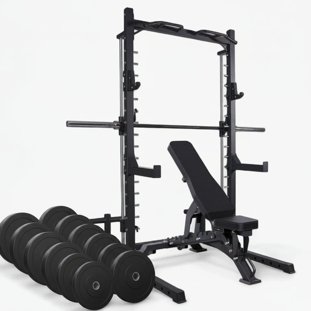 Commercial smith machine with gym bench and set of twelve weight plates