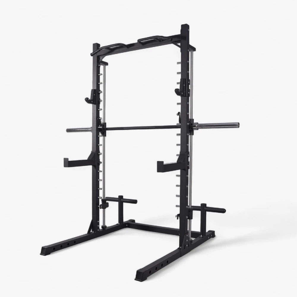 Angled view of a commercial smith machine with rack and bar combination