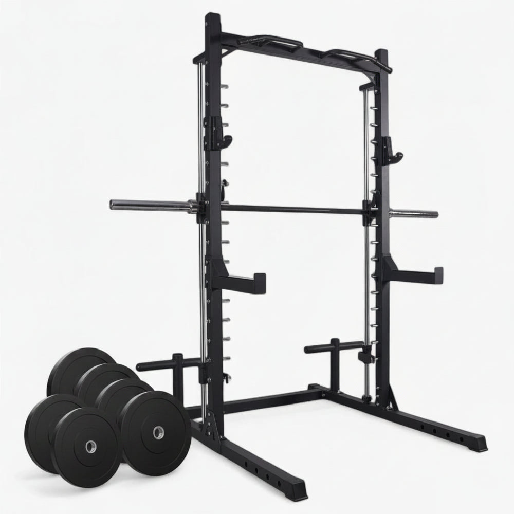 All in one commercial smith machine on a white background with a set of 6 weight plates