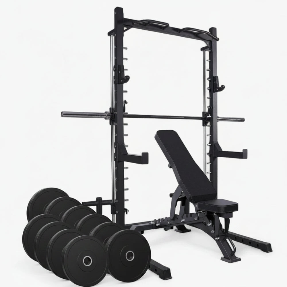 Smiths machine for commercial gyms with weights bench and set of ten weight plates