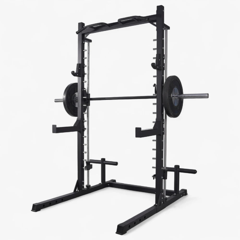 Commercial all in one smith machine on a white background with barbell