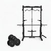 Semi commercial smith machine with a set of six weight plates on a white background